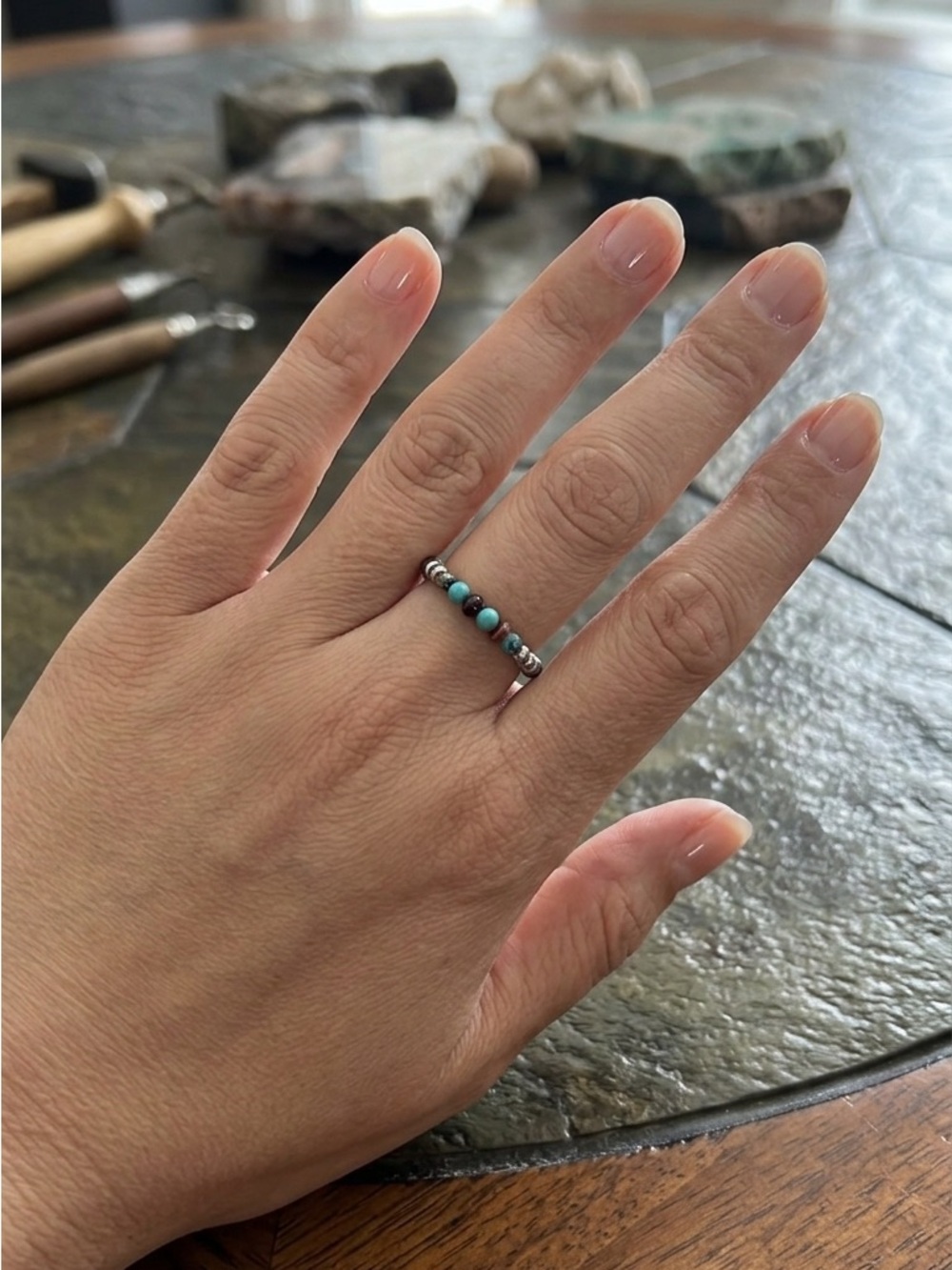Navajo Turquoise Bead Sterling Silver Stretch Ring sz 7.5